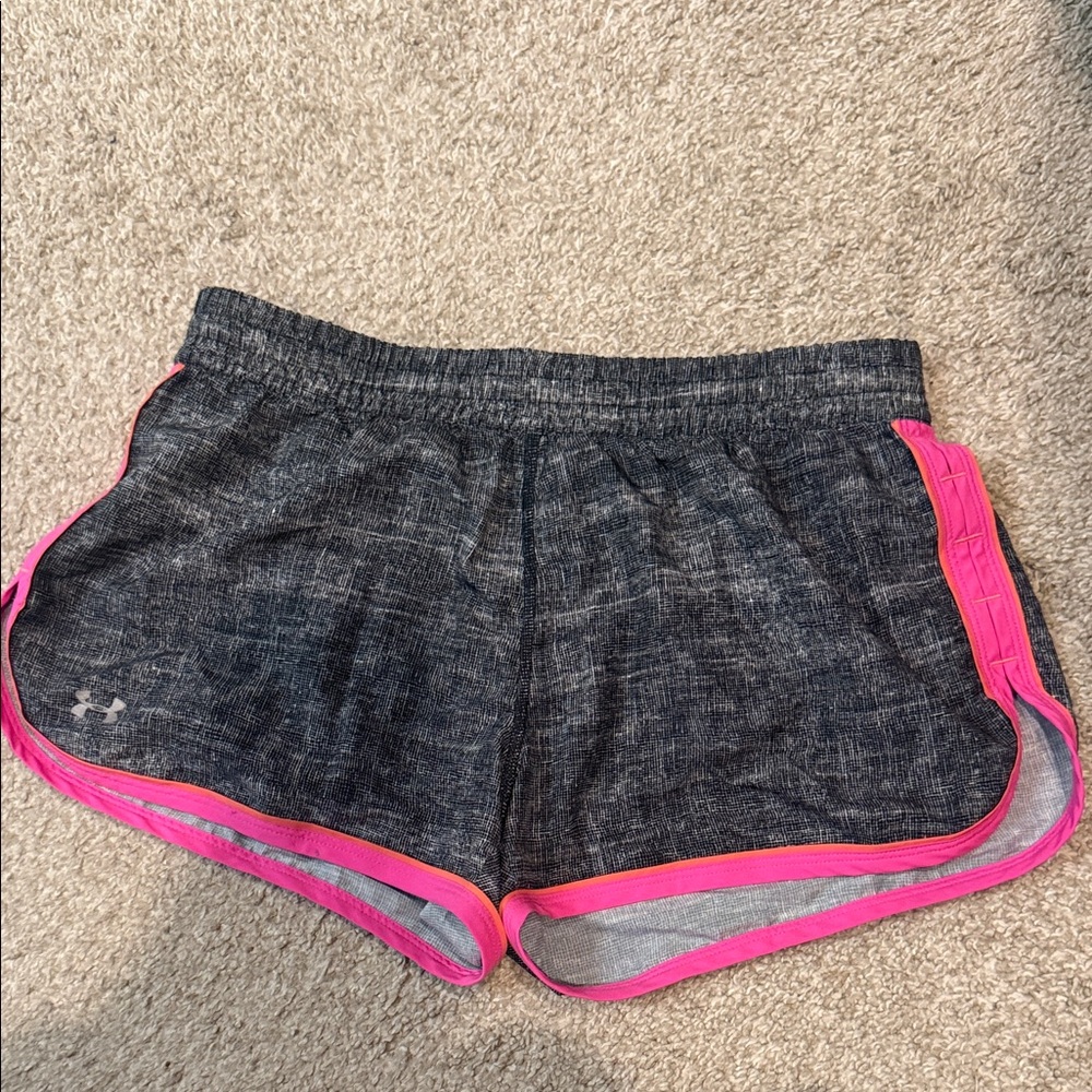 Under Armour Women’s Heathered Black Athletic Shorts with Pink Trim